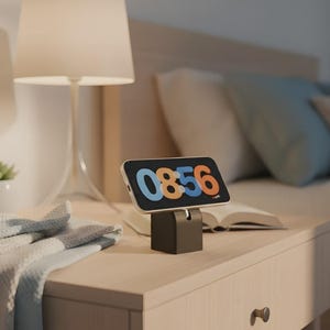 Peut inclure: Un smartphone noir affichant l'heure 08:56 est posé sur un support gris foncé. Le téléphone est sur une table de chevet en bois clair, avec une lampe et un lit en arrière-plan. Une couverture pliée et un livre ouvert sont également visibles.