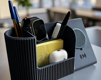 MagSafe Desk Organizer • iPhone Stand with MagSafe Charging • Modern Ribbed Desk Organizer • Handmade in Montreal