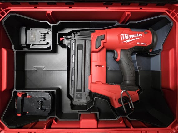 Milwaukee PACKOUT 48‑22‑8424 Insert for M18 18GA Brad Nailer • Custom Tool Tray for Charger & 2 Batteries • Heavy‑Duty Organizer