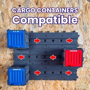 May include: Image of a gray plastic cargo container system with blue and red containers. The containers are labeled "4 X 30", "Crafts", and "Hooks". The text "CARGO CONTAINERS Compatible" is at the top.