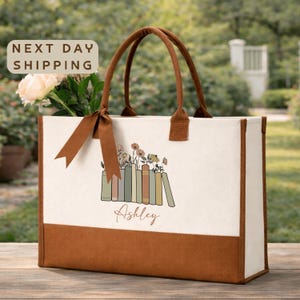 Personalized Book Lover Tote Bag, Custom Name Book Stack Bag, Teacher Gift for Her, Library Lover Gift, Aesthetic Reader Tote