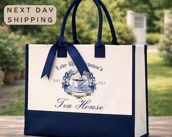 Lady Whistledown Tea House Tote Bag, Regency Aesthetic Tote, Bridgerton Inspired Bag, Vintage Tea Lover Gift, Custom Tea House Canvas Bag