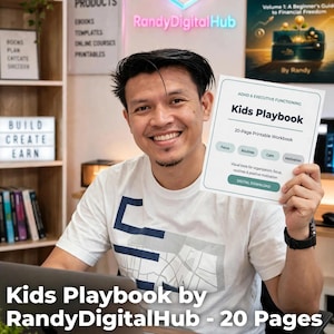 May include: A white printable workbook titled ADHD & Executive Functioning Kids Playbook, 20-Page Printable Workbook. The cover features text including Focus, Routines, Calm, Motivation, and Digital Download, with a graphic of a green button.