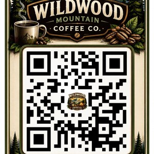 May include: A Wildwood Mountain Coffee Co. advertisement featuring a coffee cup, coffee beans, and a mountain landscape. The design includes a QR code and the text "Adventure in Every Sip."