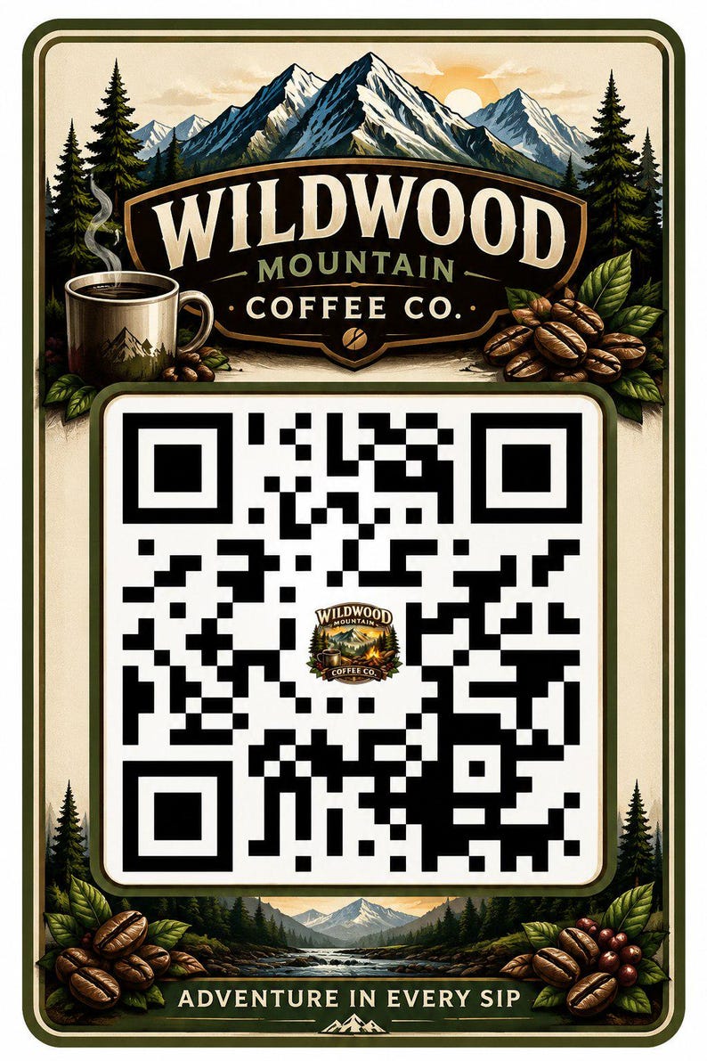 May include: A Wildwood Mountain Coffee Co. advertisement featuring a coffee cup, coffee beans, and a mountain landscape. The design includes a QR code and the text "Adventure in Every Sip."