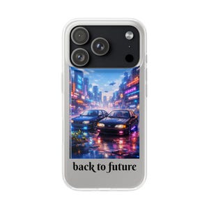 Puede incluir: Funda transparente para teléfono con una imagen de una ciudad futurista con luces de neón y dos coches. El texto "back to future" está en la parte inferior. Diseñado para un smartphone.