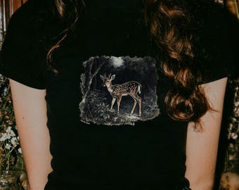 Dark Fawn Baby Tee, Moonlit Deer Shirt, Goblincore Tee, Dark Cottagecore Top, Whimsigoth Baby Tee, Forest Deer Shirt, Fairycore Gift Her