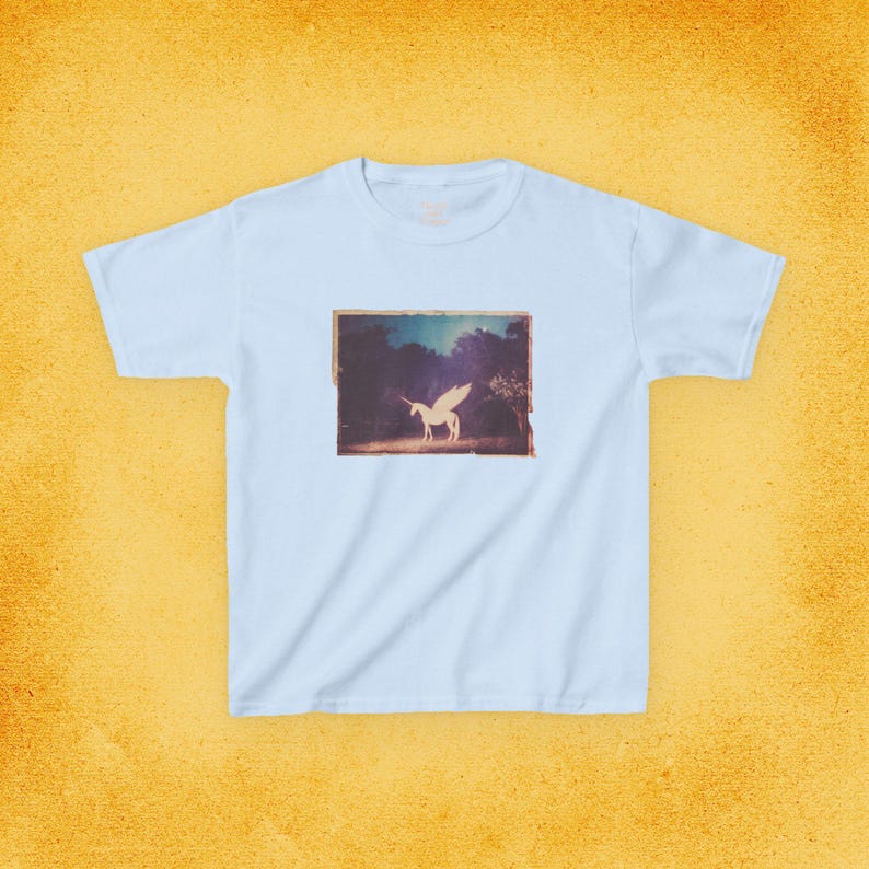 Unicorn Fairycore Baby Tee, Whimsical Shirt, Moonlit Forest Top Light Blue