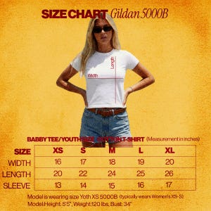 May include: A white t-shirt size chart for the Gildan 5000B model. The graphic displays a white t-shirt with red lines indicating width and length measurements. A table lists sizes XS through XL with corresponding width, length, and sleeve measurements in inches.