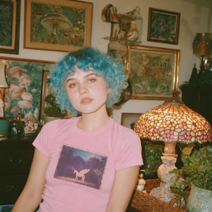 May include: A light pink short-sleeved t-shirt featuring a rectangular graphic print of a winged unicorn standing in a dark forest setting. The shirt has a crew neckline and a fitted silhouette, constructed from a solid-colored cotton fabric.