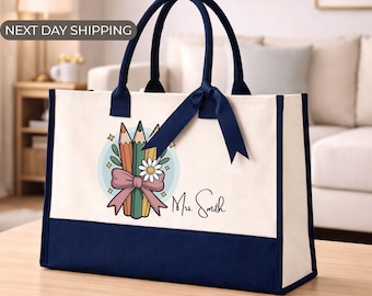 Personalized Teacher Tote Bag, Custom Teacher Name Tote, Teacher Appreciation Gift