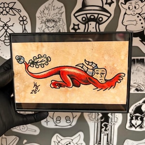 Original Medieval Creature Tattoo Flash - Framed 4x6 Hand Drawn Art - Surreal Folklore