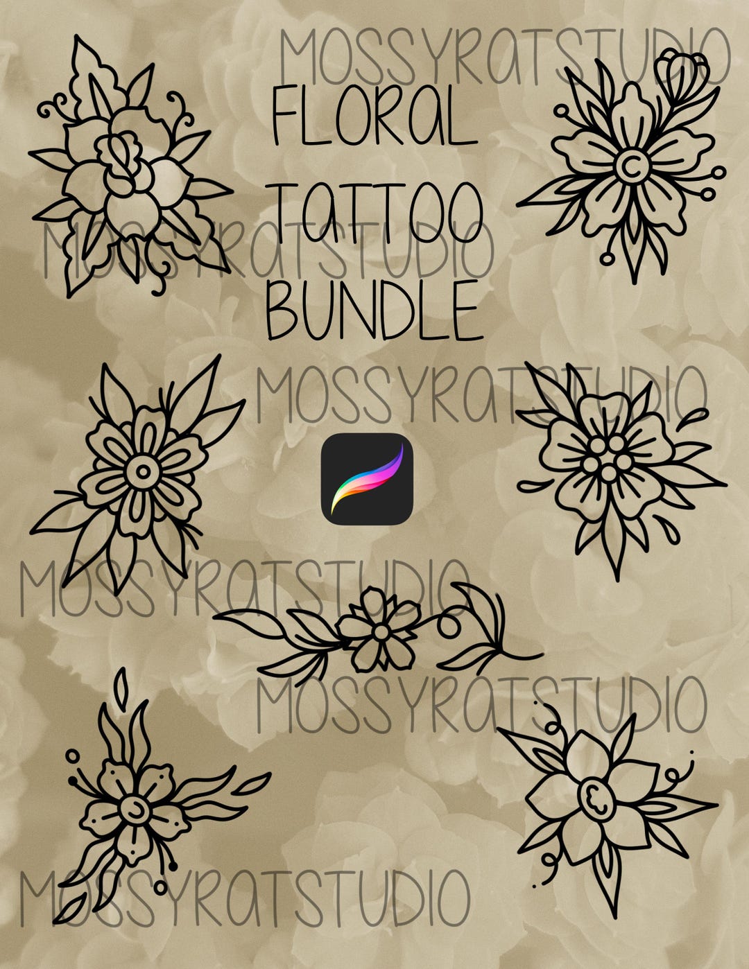 Procreate Tattoo Brushes - Flower Stamp Set, Traditional Color Palettes ...