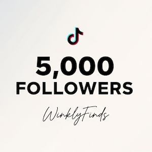 Puede incluir: Gráfico con el logo de TikTok y el texto "5,000 FOLLOWERS" en negrita negra. Debajo, en fuente cursiva, el nombre "WinklyFinds". El fondo es un degradado de blanco y gris claro.