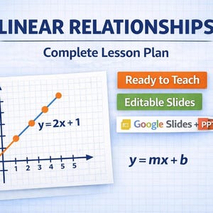 May include: An educational graphic titled "LINEAR RELATIONSHIPS" with a lesson plan. The image includes a graph of a linear equation, the equation y=2x+1, and buttons labeled "Ready to Teach" and "Editable Slides". The image also includes the equation y = mx + b.