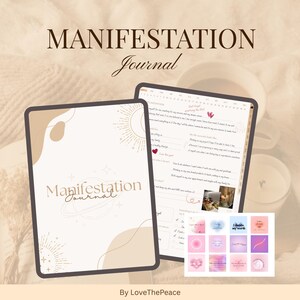 Peut inclure: Un journal de manifestation beige et marron avec un design de soleil et de planète. Le journal est ouvert sur une page avec des invites d'écriture. Un ensemble d'autocollants avec des citations inspirantes est également inclus.