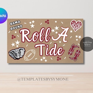 Pode incluir: Gráfico retangular castanho com as palavras "Roll Tide" em escrita branca, com a letra "A" numa fonte maior. O gráfico inclui uma bola de futebol, um elefante e um design "Alabama" em forma de coração.
