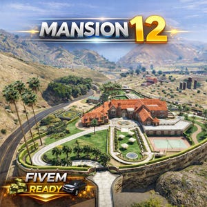 Peut inclure: Vue aérienne d'un grand manoir avec le texte "MANSION 12" en argent et or. L'image montre un héliport, un court de tennis et une route sinueuse. Le texte "FIVE READY" est également visible.