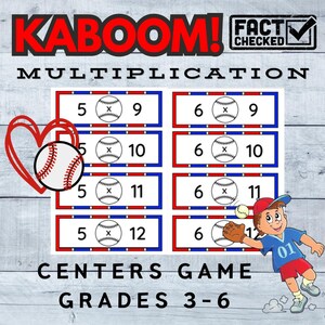 Könnte beinhalten: Lehrreiches Spiel mit Multiplikationsaufgaben zum Thema Baseball. Das Spiel enthält Karten mit Gleichungen und einer Baseball-Grafik. Der Text "KABOOM!" und "FACT CHECKED" werden angezeigt. Ein Cartoon-Baseballspieler ist ebenfalls abgebildet.