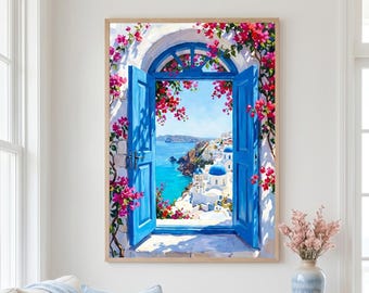 Santorini Window View Printable Art, Greek Island Wall Decor, Mediterranean Coastal Landscape Print, Blue Door Poster, Digital Download