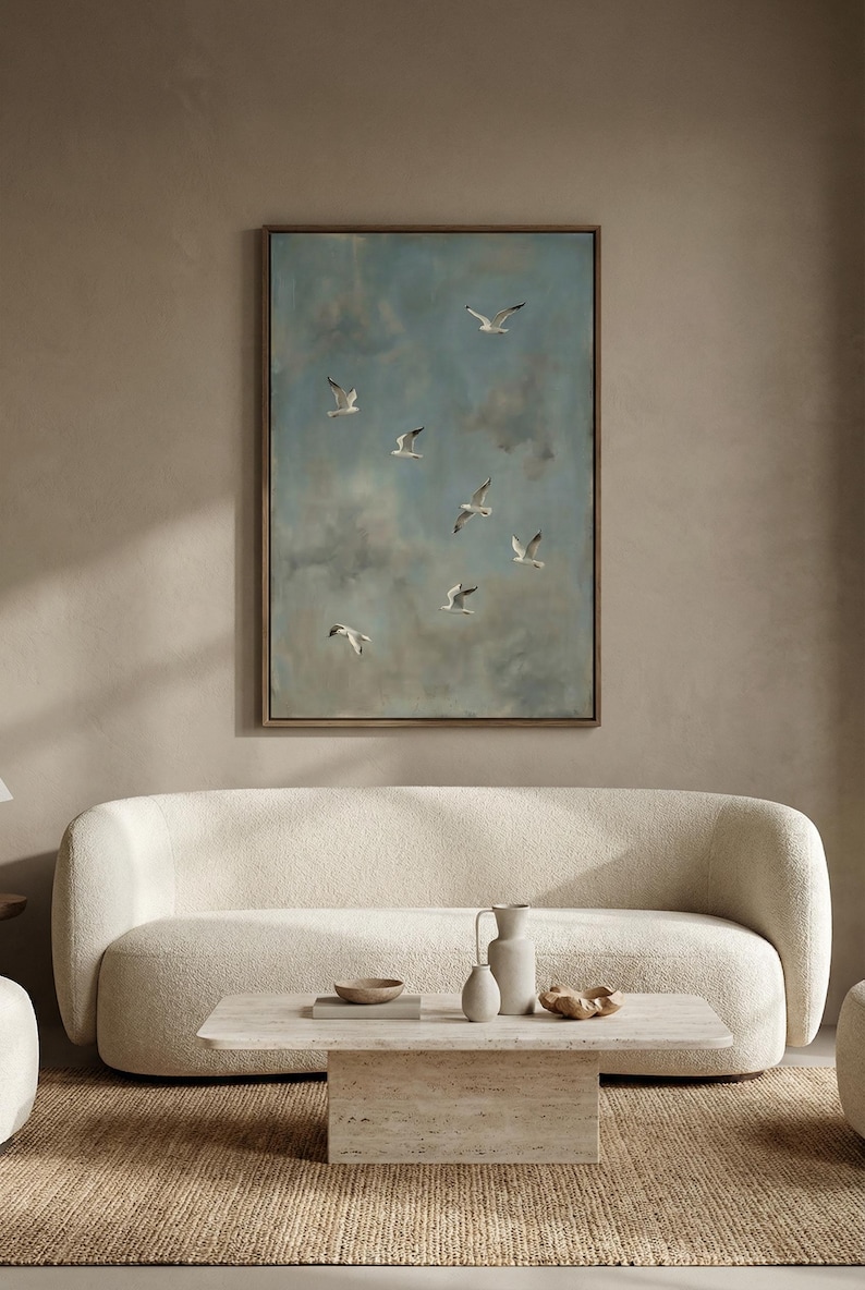 Seagull Wall Art Printable, Birds in Flight Wall Art, Coastal Bird Print, Ocean Sky Poster, Minimalist Nature Art, Digital Download image 1
