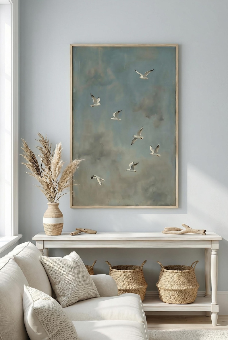 Seagull Wall Art Printable, Birds in Flight Wall Art, Coastal Bird Print, Ocean Sky Poster, Minimalist Nature Art, Digital Download image 4