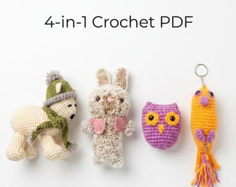 Crochet Animal Pattern Bundle | Polar Bear, Bunny, Owl, Bird Keychain (PDF Download)