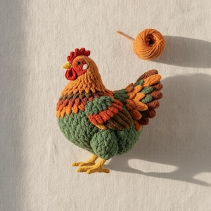 Puede incluir: Una figura de gallina tejida a ganchillo con un cuerpo texturizado en hilo verde, naranja, marrón y rojo. La gallina tiene una cresta y barbillas de color rojo brillante, patas amarillas y un pequeño ojo negro. Un ovillo de hilo naranja a juego se sitúa encima.