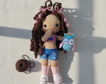 Crochet Girl Doll Amigurumi Pattern with Owl, Kawaii Toy PDF (Digital Download)
