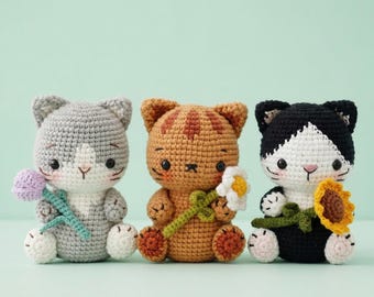 Crochet Cat Pattern PDF with Flower – Amigurumi Kitten Plush Toy (Digital Download)