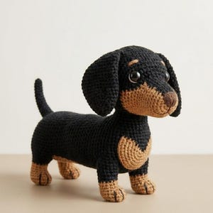 Puede incluir: Un perro salchicha de ganchillo en negro y marrón claro. El perro hecho a mano tiene orejas grandes y caídas, un cuerpo largo y patas cortas. Los ojos del perro son grandes y negros, y tiene una nariz marrón. El perro está sobre una superficie neutra.