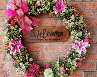 Pink and green welcome wreath
