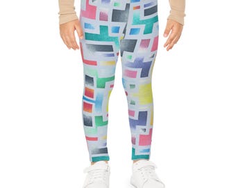 Colorful Geometric Blocks Kids Leggings | Abstract Grid Pattern
