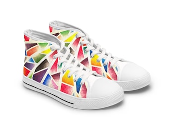 Watercolor Geometric Rainbow Mosaic High Top Sneakers | Colorful Abstract Shoes