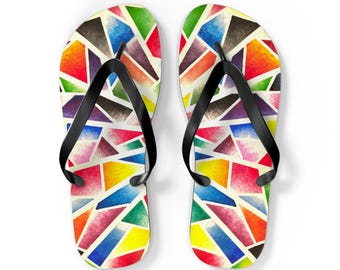 Chanclas con mosaico geométrico radiante de colores / Patrón de azulejos arcoíris