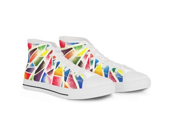 Zapatillas deportivas altas para hombre con mosaico geométrico radiante de colores / Patrón abstracto arcoíris