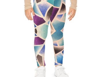Leggings infantiles con mosaico geométrico de acuarela / Patrón de azulejos azules y morados
