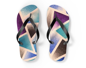 Blauwe teenslippers met geometrische aquareldriehoeken | Blauwpaarse strandsandalen