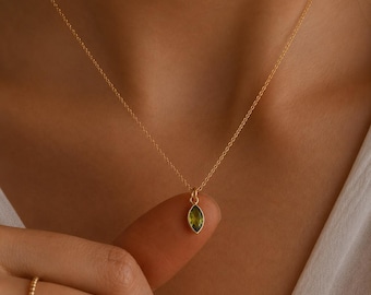 Olive Green Leaf Necklace, Gold Marquise Green Gemstone Necklace, Dainty Gold Pendant Necklace, Minimalist Olive Green Jewelry, Gift for Her