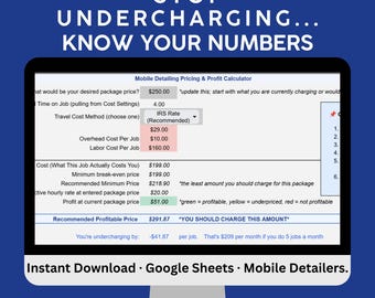 Mobile Detailing Pricing & Profit Calculator | Mobile Detailing Business Tool | Auto Detail Pricing Sheet | Google Spreadsheet