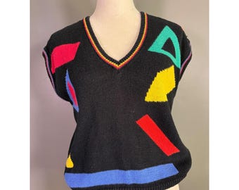 Vintage 80s MiKi Geometric Sweater Vest Women M Black Retro Mod Art Teacher Bold