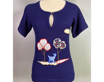 Vintage Paul Harris Sweater Top Women M Wool? 70s Applique Cottage Quirky Twee