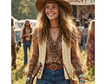 Chaleco de ganchillo vintage japonés para mujer, talla M, tejido abierto, estilo boho, años 70, hippie, abuela, festival