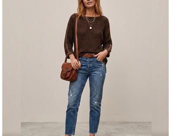 Top de punto estilo vintage Y2K Necessary Objects para mujer, talla M, color marrón, con estampado de rejilla y estilo grunge bohemio.