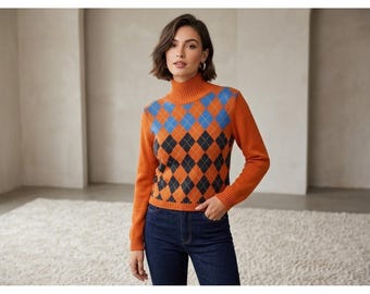 Jersey vintage de Calvin Klein Jeans estilo años 2000 con estampado de rombos para mujer, talla L, cuello alto, estilo indie ecléctico.