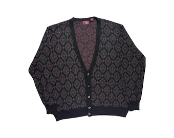 Cárdigan vintage de los 90 Cambridge Classics para hombre, talla XL, geométrico, lana, Italia, estilo abuelo