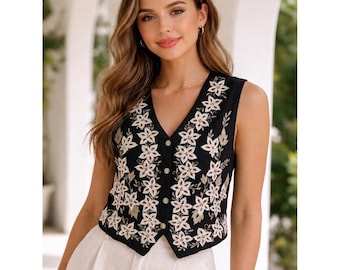 Vintage 90s Paul Harris Vest Womens M Floral Embroidered Linen Cottage Art Boho