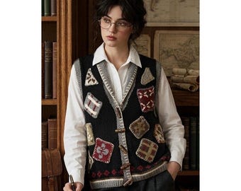 Vintage 90s Hunt Club Patchwork Sweater Vest Womens M Toggle Grannycore Boho Y2K