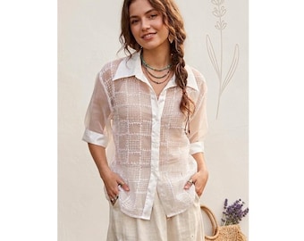Top de organza transparente Diana Marco vintage nuevo con etiquetas, talla 20, estilo años 90, corte holgado, etéreo, de club, vanguardista.