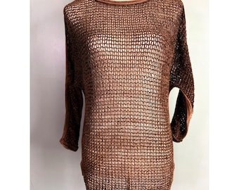 Top de punto estilo vintage Y2K Necessary Objects para mujer, talla M, color marrón, con estampado de rejilla y estilo grunge bohemio.